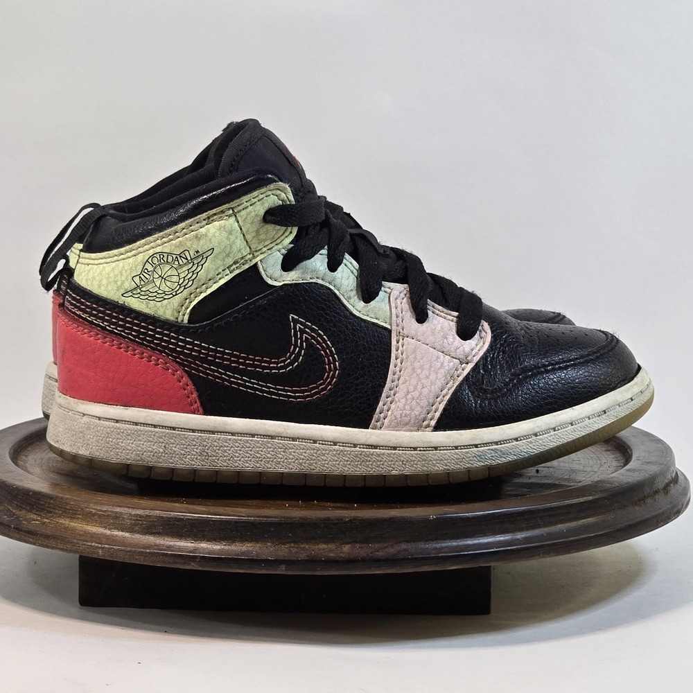 Air Jordan 1 Mid GS Shoes Youth Size 12C Black Red Pink Green Leather AV5173-076